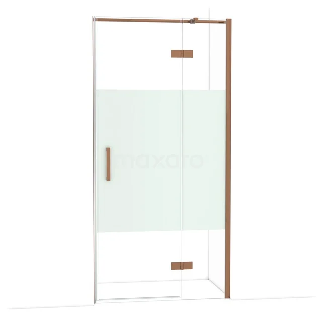 Glass shower door with frosted white panel, wooden accents and chrome handle, ideal for a modern bathroom design.