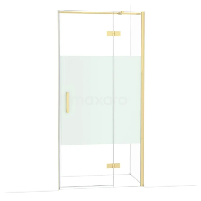 Glass shower screen with gold accents, matte detail and sleek design; a stylish element for a modern bathroom.