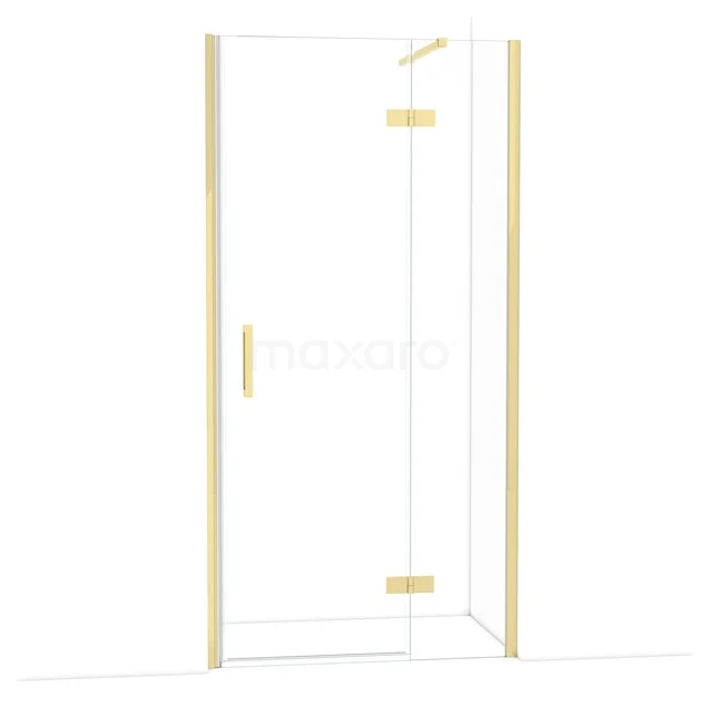 Glasene Duschtür mit goldfarbenen Scharnieren und Haltegriff, rahmenloses Design, ideal für einen modernen Badezimmerstil.