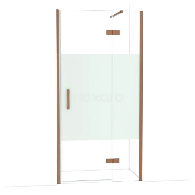 Douchedeur met helder glas, mat middenpaneel, koperkleurige accenten, ideaal voor een moderne badkamer.