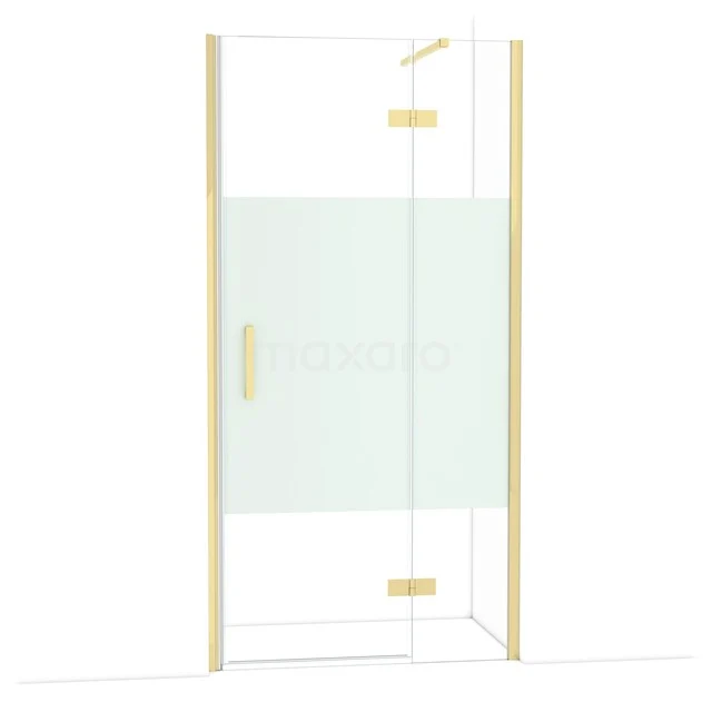Glass shower door with frosted middle section, gold hinges and handle, ideal for a modern bathroom.