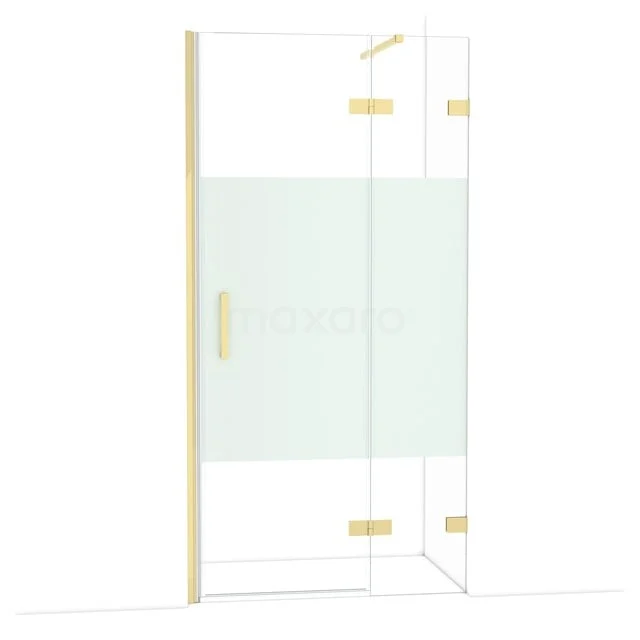 Duschkabine mit Klarglas und Matt Weiß Dekorationspaneel, goldfarbene Scharniere und Haltegriff, modernes Badezimmerdesign.