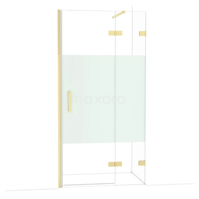 Douchecabine met helder glas en mat wit decoratiepaneel, goudkleurige scharnieren en handgreep, modern badkamerdesign.