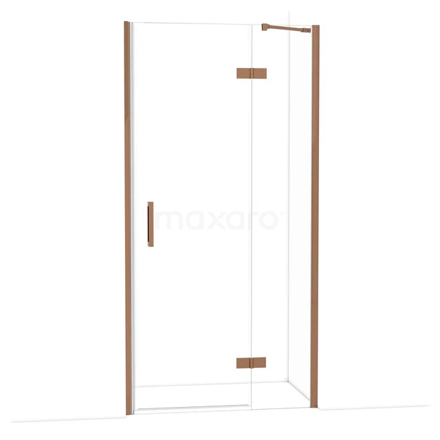 Douchedeur met koperkleurig frame, helder glas en strak design, ideaal voor een moderne badkamer.