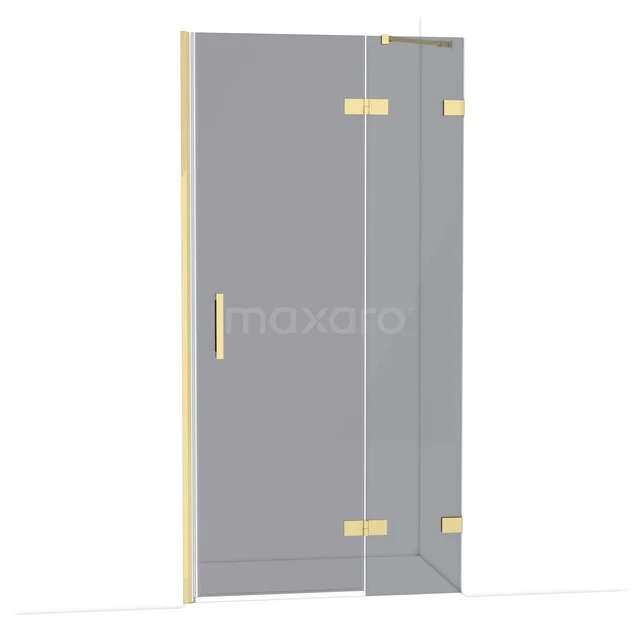 Transparante glazen douchedeur met gouden scharnieren en handgreep, perfect voor een moderne badkamerstijl.