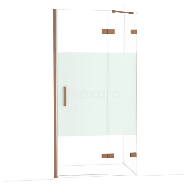 Glazen douchedeur met mat paneel, koperkleurige accenten en minimalistisch design voor luxe badkamerinrichting.