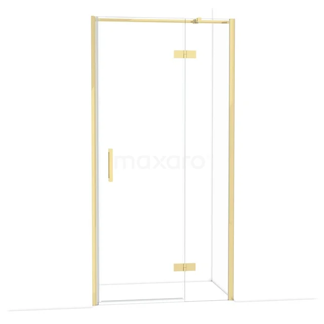 Goudkleurige glazen douchedeur met hoekdesign, ideaal voor moderne badkamers, voorzien van stijlvol beslag en strak minimalistisch frame.