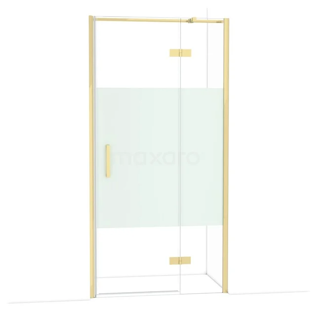 Diamond Shower door | 100 cm Glossy light gold Clear with matt strip Pivot door DDB22462313GLG Glazen douchedeur met goudkleurig frame, matglazen paneel en handvat, ideale luxe toevoeging aan moderne badkamer.