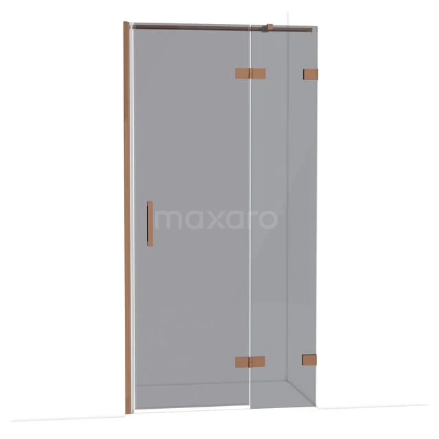 Glasene Duschtür mit kupferfarbenen Scharnieren und Haltegriff, modernes Design geeignet für stilvolle Bäder.