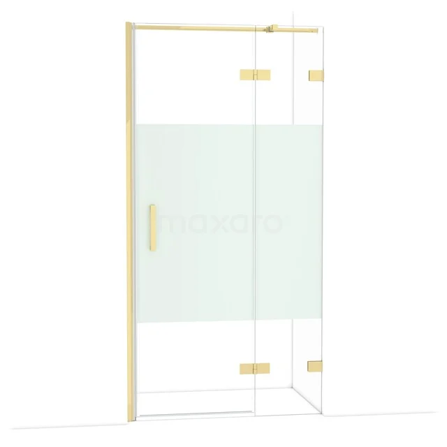 Golden shower cabin with frosted glass details, hinged door and modern design, a stylish addition to any luxury bathroom.