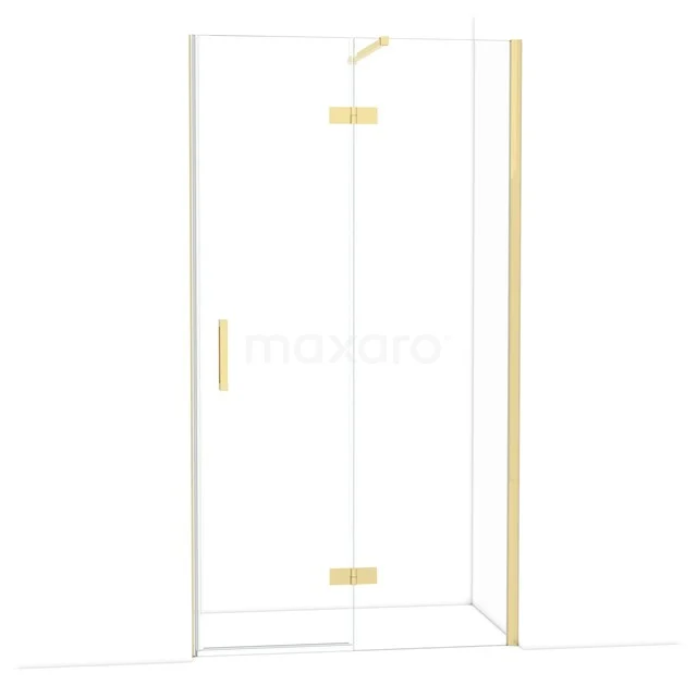 Glas Duschkabine mit Goldakzenten, Eckeingang und minimalistischem Design; perfekt für ein modernes Badezimmer.