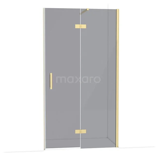 Glass shower door with gold hinges and handle, minimalist design for a modern bathroom.