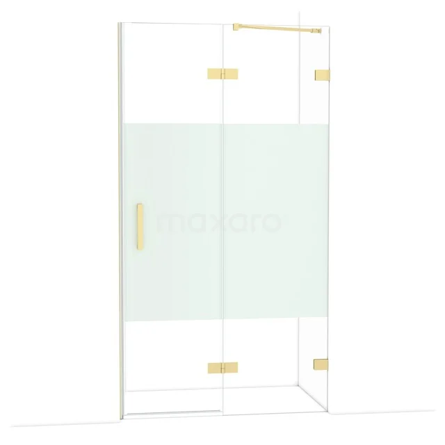 Glass shower wall with gold-coloured hinges and handle, modern design for a luxury bathroom.