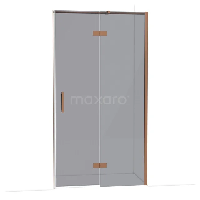 Glass shower door with copper-coloured hinges and handle, sleek design for modern bathroom decor.