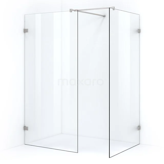 Corner shower enclosure in clear glass with minimalist design and metal hinges, ideal for a modern bathroom.