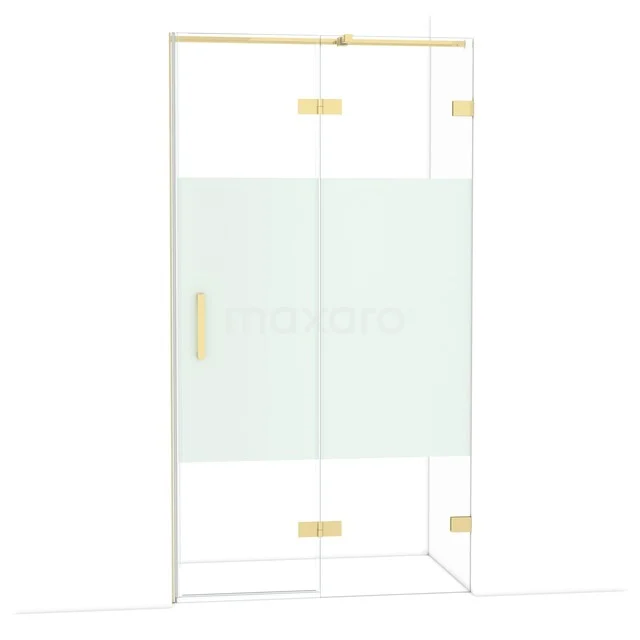 Diamond Shower door | 110 cm Shiny light gold Clear with matt strip Pivot door DDB22651323GLG Shower cabin with glass walls and gold accents, ideal for a luxury bathroom design.