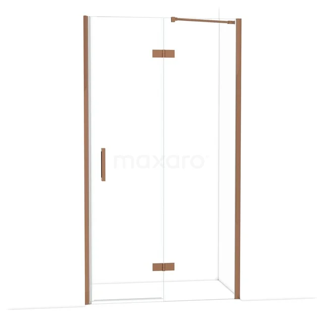 Glazen douchedeur met koperkleurige accenten, moderne hoekopstelling, ideaal voor stijlvolle badkamerinrichting.