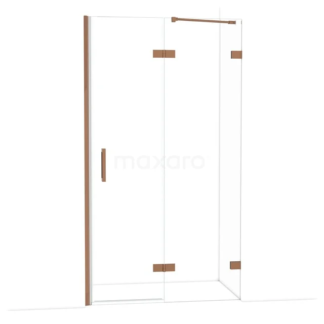 Douchewand met helder glas, koperkleurige accenten en minimalistisch design. Modern badkameraccessoire voor een luxe uitstraling.