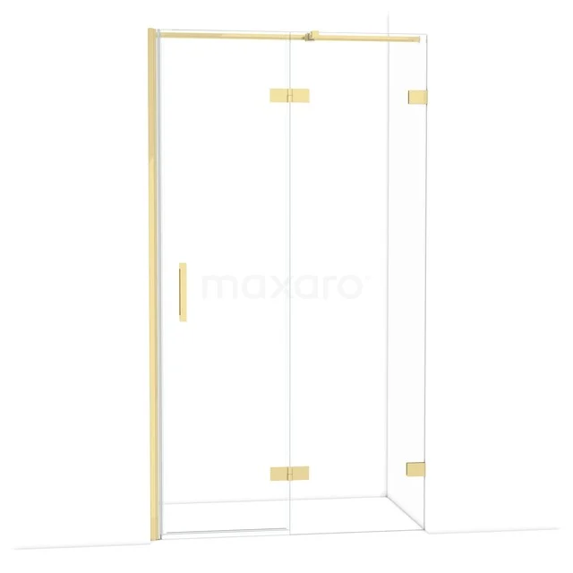 Glasene Duschtür mit Eckaufstellung, goldfarbene Scharniere und Haltegriff, ideal für eine stilvolle Badezimmergestaltung.