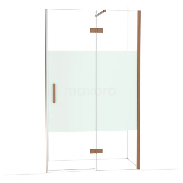 Glazen douchewand met mat wit paneel, roestvrijstalen details en houten accenten, ideaal voor een moderne badkamer.