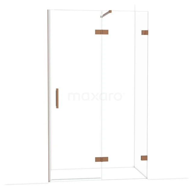 Glas Duschwand mit Eckaufstellung, roségoldene Schließungen und Haltegriff, ideal für moderne Badezimmergestaltung.