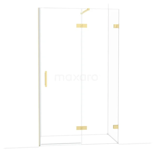 Shower cabin with gold hinges, clear glass and sleek lines, perfect for modern bathroom decor.