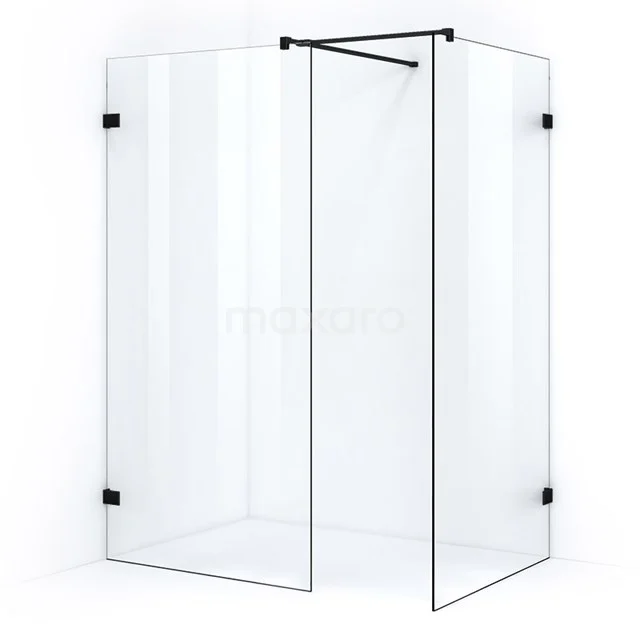 Luxe Duschkabine mit Klarglas und schwarzen Scharnieren, Eckdesign, ideal für ein stilvolles und modernes Badezimmer.