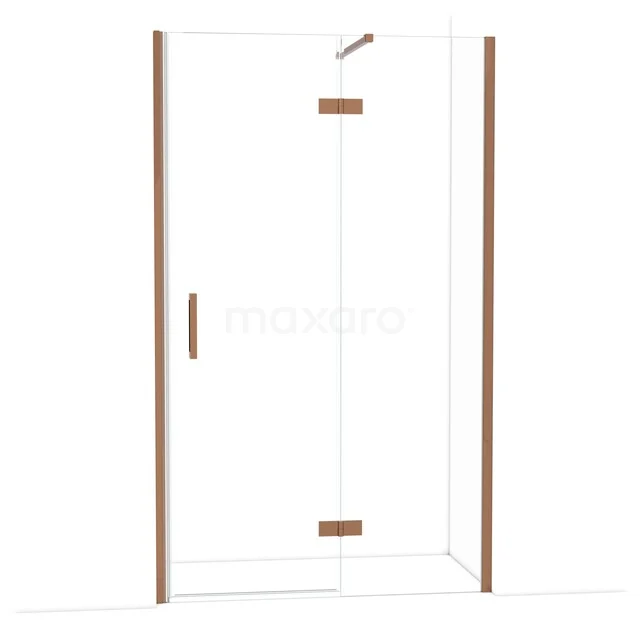 Glas Duschkabine mit Kupferdetails, Eckmodell mit Scharnier Tür, perfekt als stilvolles Badezimmerdesign-Element.