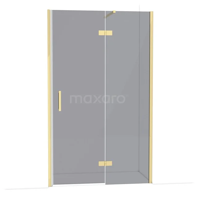 Glass shower door with gold-coloured hinges and handle, modern design, ideal for a stylish bathroom.