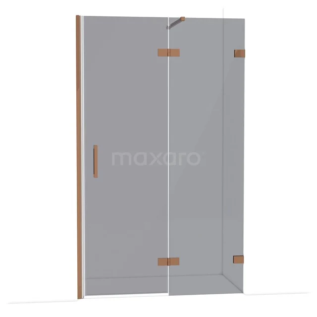 Glasene Duschtür mit kupferfarbenen Scharnieren, minimalistisches Design. Perfekt für ein modernes Badezimmer.