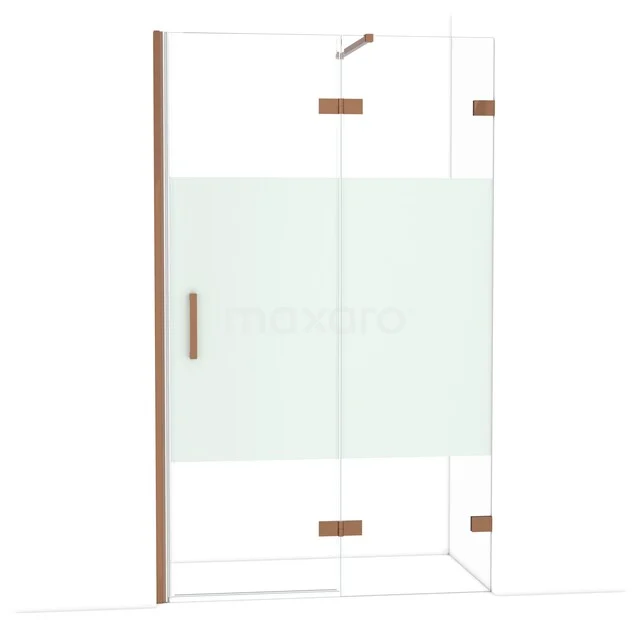 Glas-Duschwand mit matt weißem Streifen, bronzefarbenen Scharnieren und Haltegriff, geeignet für moderne Bäder.