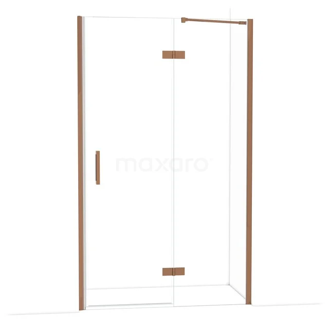 Duschkabine mit Klarglas, minimalistisches Design und kupferfarbene Details, ideal für ein modernes Badezimmer.