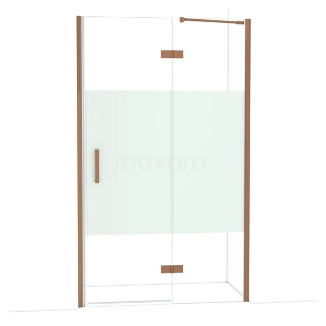 Shower cabin with a matte strip, glass panels and copper-coloured accents, perfect for a stylish bathroom.
