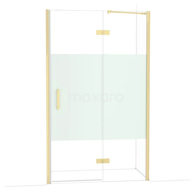 Diamond Shower door | 120 cm Glossy light gold Clear with matt strip Pivot door DDB22662213GLG Glazen douchedeur met goudkleurige scharnieren en handgreep, mat glasaccent en stijlvol design voor een luxe badkamer.