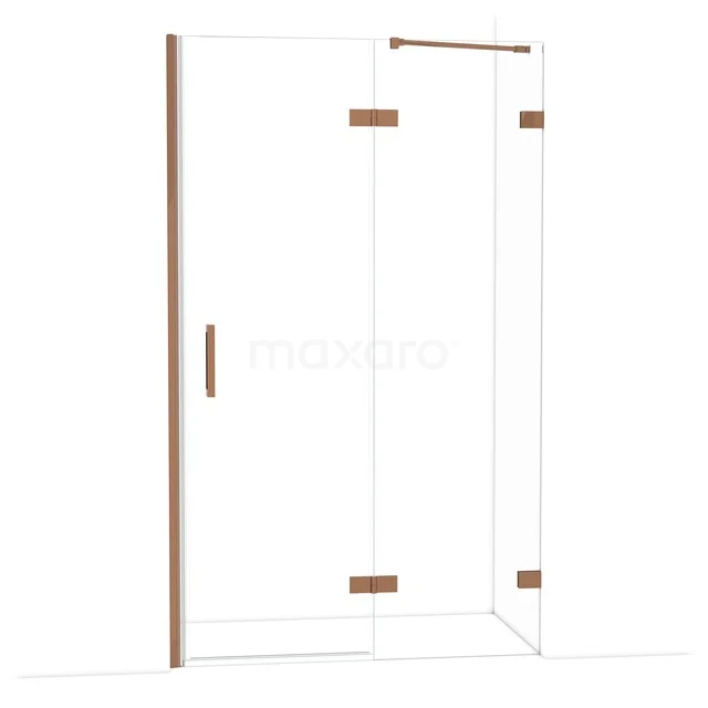 Glazen douchecabine met goudkleurige scharnieren en handgreep, moderne vormgeving passend in luxe badkamers.