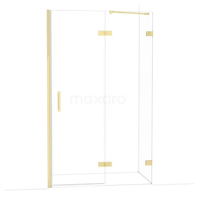 Duschwand mit goldfarbenen Scharnieren und Griff, Klarglas, luxuriöses Badezimmeraccessoire für moderne Bäder.