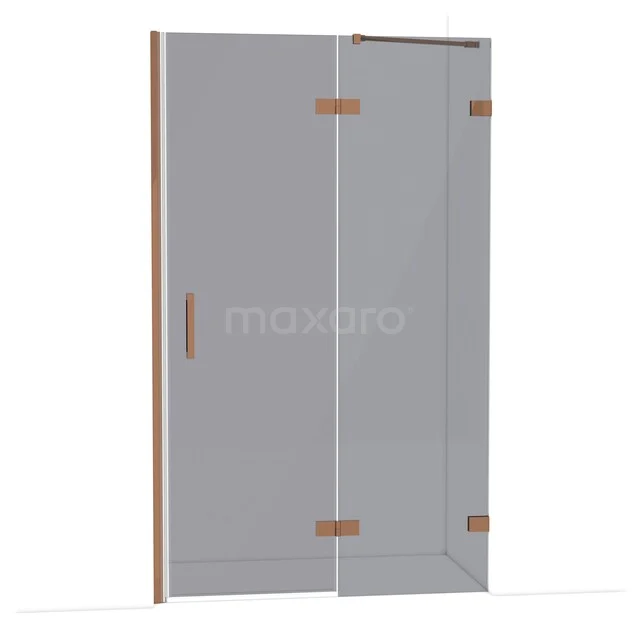 Glass shower door with hinges in rose gold, modern design, ideal for a sleek, stylish bathroom.