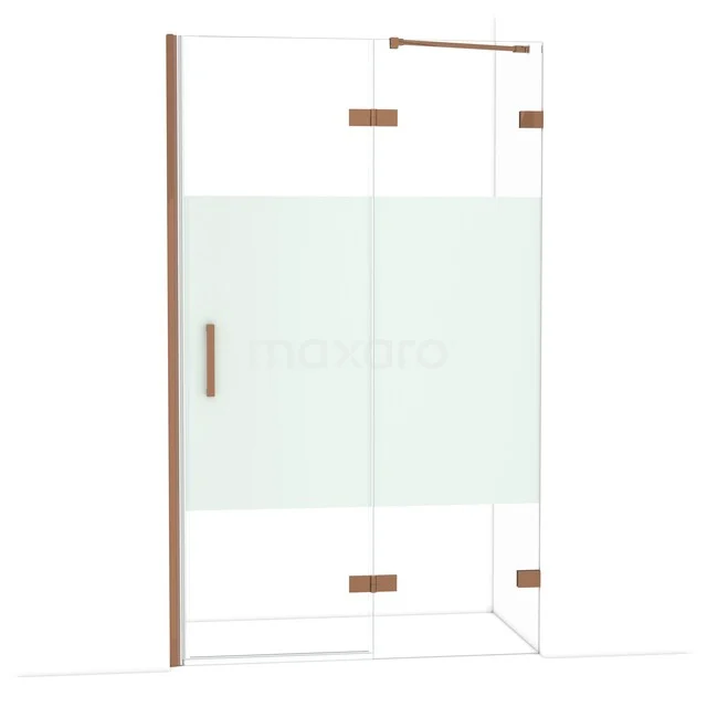 Glazen douchewand met mat witte strook, hoekmodel, bronzen accenten, ideaal voor een moderne badkamer inrichting.