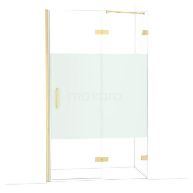 Diamond Shower door | 120 cm Shiny light gold Clear with matt strip Pivot door DDB22662223GLG Glass shower wall with gold-coloured hinges and handle, modern design, ideal for a luxurious bathroom.