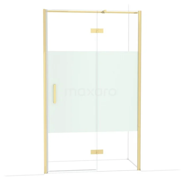 Diamond Shower door | 120 cm Shiny light gold Clear with matt strip Pivot door DDB22662313GLG Glass shower door with gold accents, frosted glass detail and sliding mechanism, ideal for a modern bathroom.