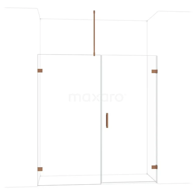 Douchewand in helder glas met koperkleurige profielen, moderne badkamerstijl, geschikt voor een ruime inloopdouche.