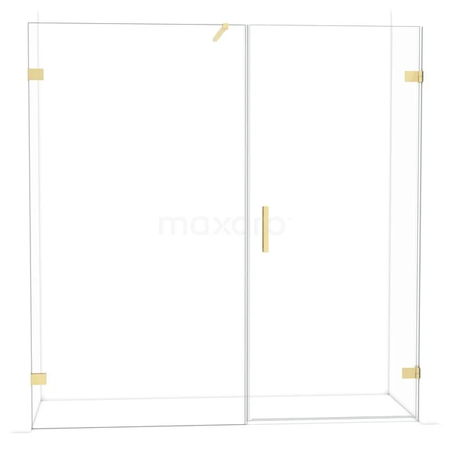 Glazen douchewand met gouden accenten, modern design en rechte lijnen, ideaal voor een luxe badkamerstijl.