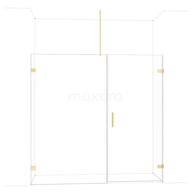 Glazen douchewand met gouden accenten, draaideur en hoekopstelling; luxe toevoeging aan een moderne badkamer.