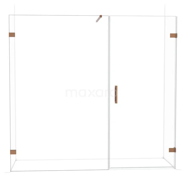 Douchewand met schuifdeur, helder glas, koperkleurige accenten, geschikt voor moderne badkamers.