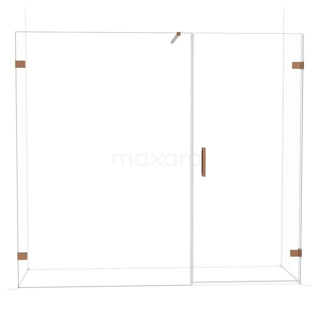 Douchewand met deur, helder glas, goudkleurige details, modern design; ideaal voor stijlvolle badkamerinrichting.