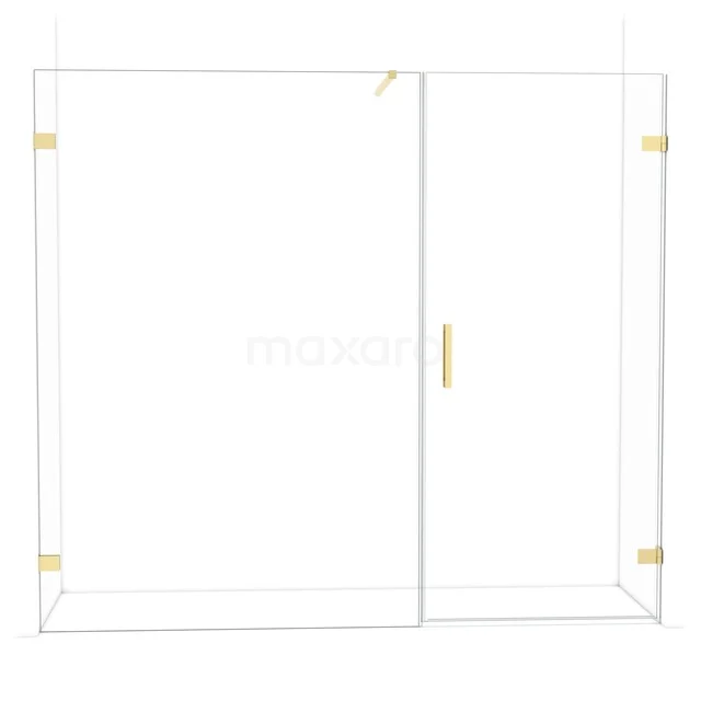 Glas Duschwand mit goldfarbenen Akzenten, elegantes Design, ideal als luxuriöse Ergänzung zu einem modernen Badezimmer.