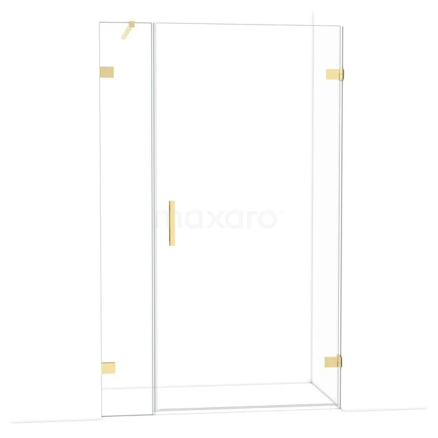 Glasene Duschtür mit goldenen Scharnieren und Haltegriff, elegantes Design für eine moderne Badezimmergestaltung.