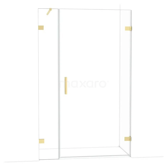 Douchedeur van helder glas met gouden scharnieren en handgreep, geschikt voor een luxe badkamer.
