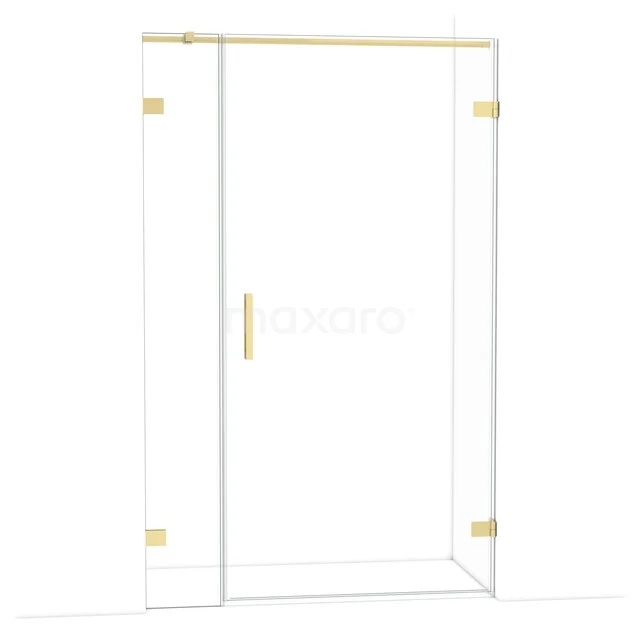Glazen douchedeur met gouden accenten, minimalistisch ontwerp, geschikt voor luxe badkamers, gemaakt van hoogwaardig veiligheidsglas.