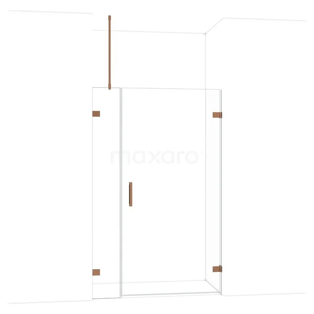 Glazen douchedeur met koperkleurige scharnieren, modern design en geschikt voor een stijlvolle badkamerinrichting.